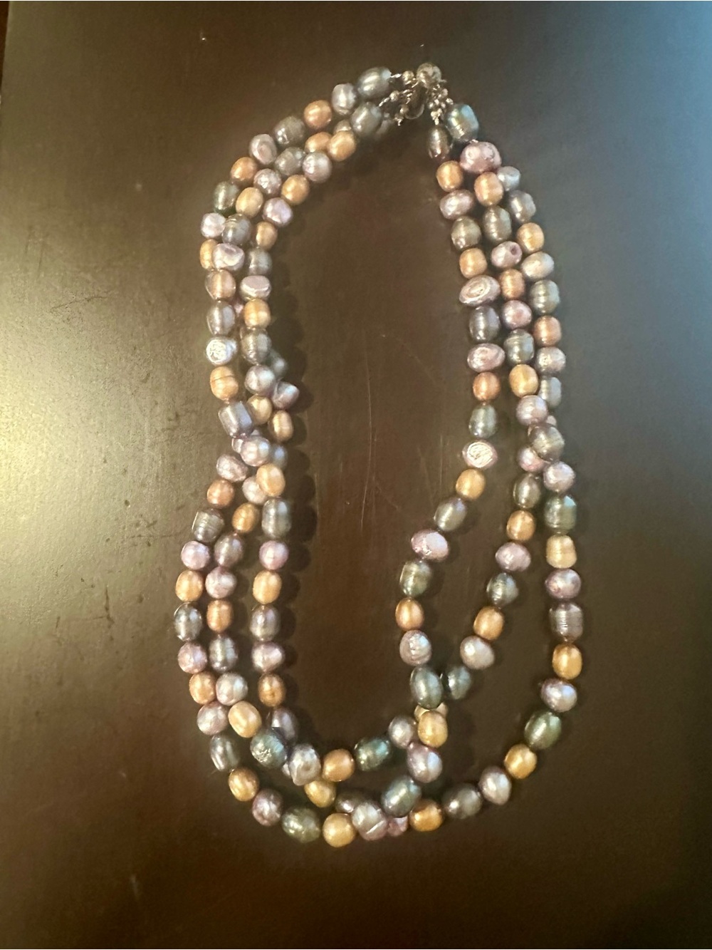 Multistrand Freshwater Pearl Necklace 16”. Golden, lavender, steel blue & gray